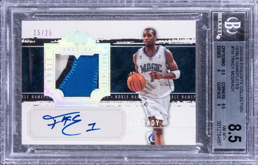 2003-04 UD "Exquisite Collection" Noble Nameplates #TM Tracy McGrady Signed Game Used Patch Card (#15/25) - BGS NM-MT+ 8.5/BGS 10